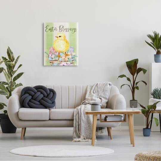 Stupell Industries Easter Blessings Text Striped Yellow Chick Egg Basket Canvas Wall Art